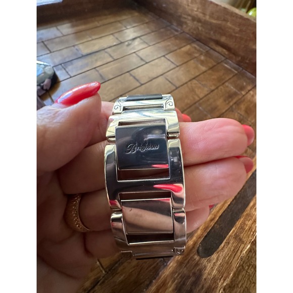 Brighton Silver Tone Black Link Watch Scroll Engraved Heart Tin Floral Box EUC - Picture 3 of 7